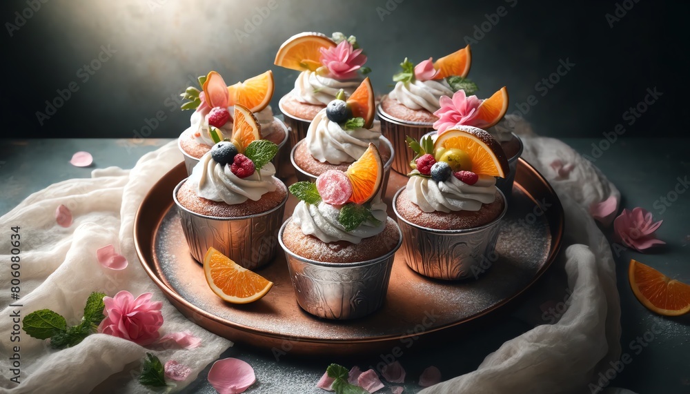 Naklejka premium Image of Moscow Mule Cupcakes decorated with frosting on a rustic ceramic plate