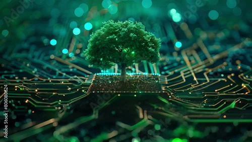 Tree with soil growing on the converging point of computer circuit board. Blue light and wireframe network background. Green Computing, Green Technology, Green IT, csr, and IT ethics Concept photo