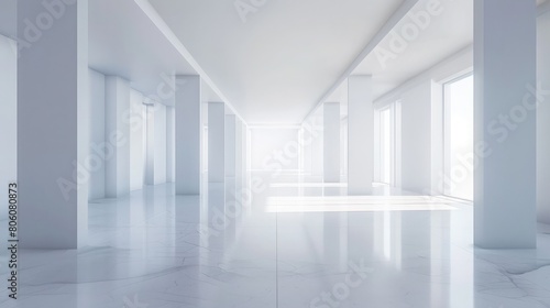 3d Rendering of White Empty Hall, Modern Architecture Background, Minimal Interior Design, The white empty room with sunlight coming from the window, 3d rendering.