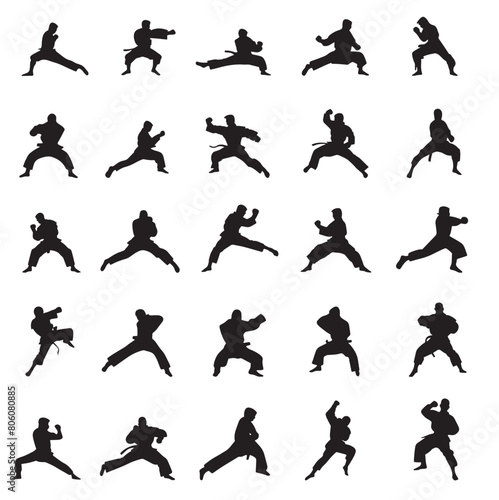 silhouettes set of a Karate Fighter doing multiple poses and actions no background