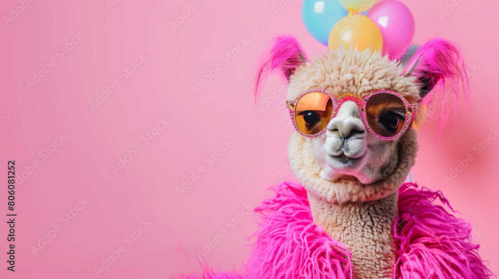 Fototapeta premium portrait of a alpaca with pink hair