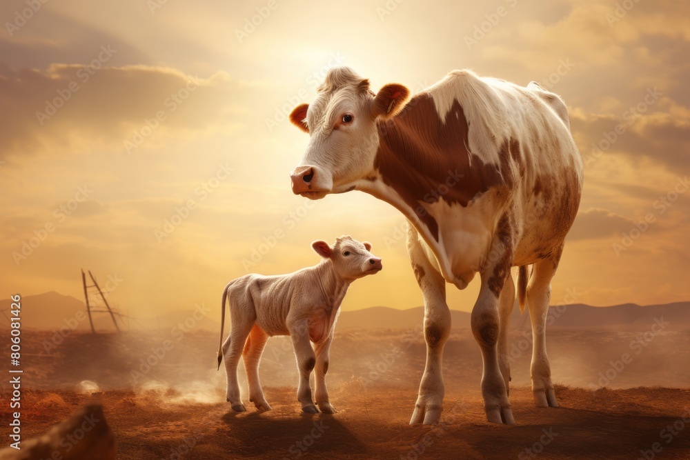 Close up portrait of a cow and calf on a wide angle camera on a sunny day. Close up portrait of a cow and calf on a wide angle camera on a sunny day.