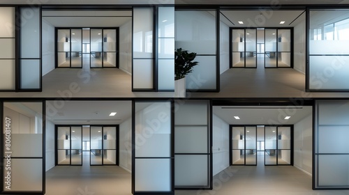Glass pocket doors with black metal frames and frosted or etched panels