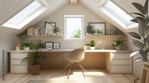 An attic conversion into a bright and airy home office space, featuring skylights and minimalist furniture. photo