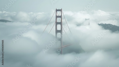 Bridge Emerging from the Fog: Frame the Golden Gate Bridge as it emerges from the thick fog, showcasing its iconic towers partially shrouded in mist, evoking a sense of mystery and grandeur.  photo