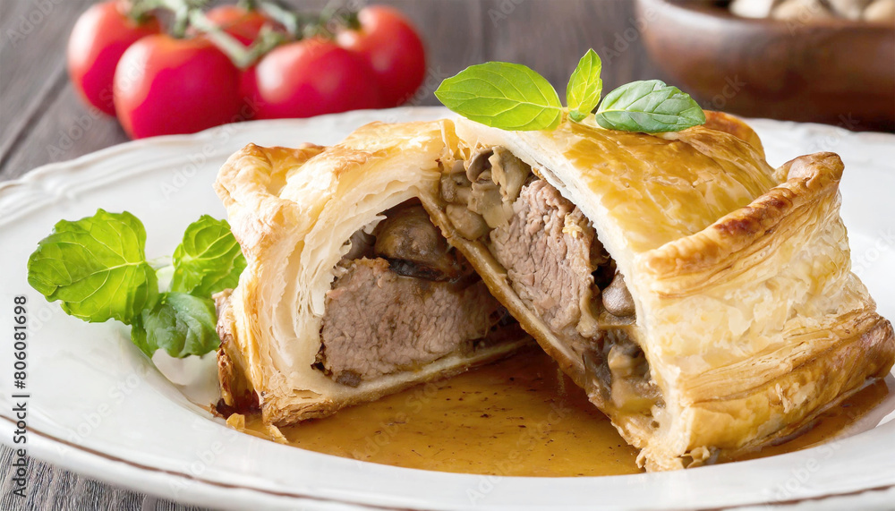 Beef Wellington, buttery pastry, mushroom stuffing and tender beef. Beef Wellington, buttery pastry, mushroom stuffing and tender beef.