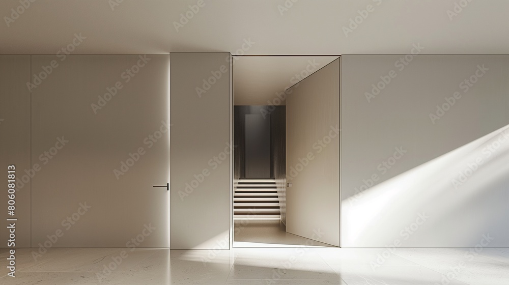 Minimalist pivot door with a hidden handle and concealed hinges Minimalist pivot door with a hidden handle and concealed hinges