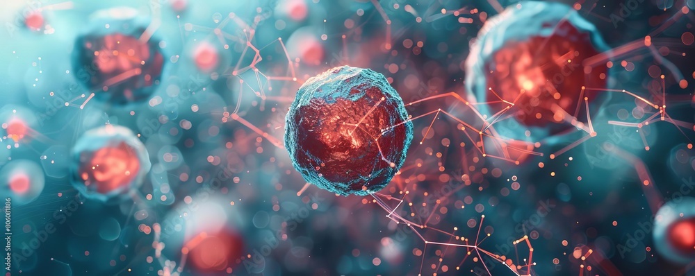 Highresolution image showing a 3D visualization of a biotech cell with interconnected lines, representing the concept of cellular interaction and technology integration Highresolution image showing a 3D visualization of a biotech cell with interconnected lines, representing the concept of cellular interaction and technology integration
