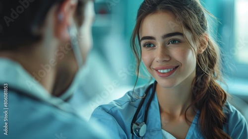 Candid portrait of young female doctor next to patient 