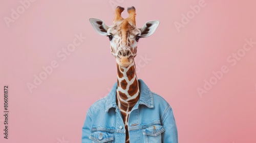 anthropomorphic giraffe in a denim stylish jacket isolated on a pink background, wild animal person in human clothes hyper realistic 