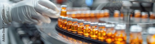 Highresolution image showing meticulous inspection of medical vials by hands in gloves, set in a hightech pharmaceutical production line