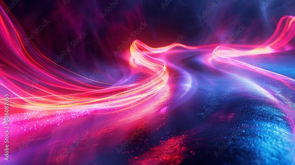 Highspeed abstract neon waves crisscrossing in a pattern of light and shadow, illustrating a vibrant and active digital environment