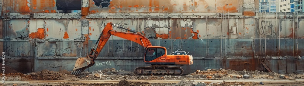 Hydraulic excavator operating near a concrete barrier, emphasizing scale and the gritty texture of the construction environment, early morning light enhances the scene