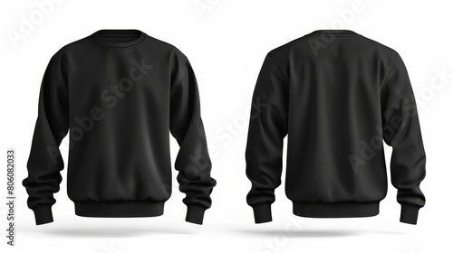 Blank sweater color black template, front and back view on white background. mockup hyper realistic 