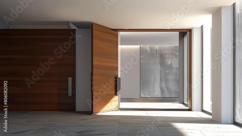 Modern pivot door with a wood veneer finish and recessed handle