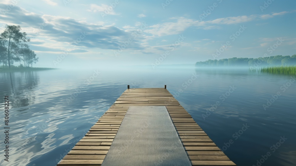 Fototapeta premium An eco-friendly bamboo yoga mat placed at the end of a wooden pier extending into a calm lake, with a gentle breeze stirring the surface of the water.
