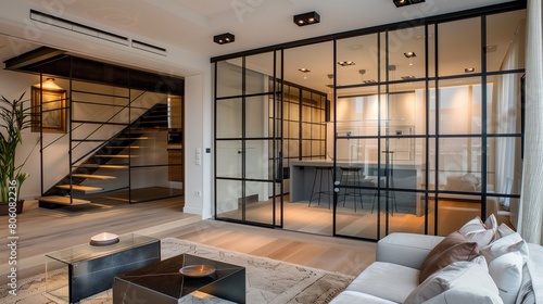 Modern sliding doors with black metal frames and clear or frosted glass panels photo