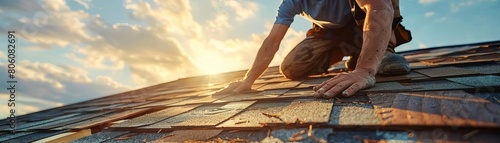 Male roofer applying shingles to a wooden roof, precise motion and attention to detail captured, with early morning light casting soft shadows photo