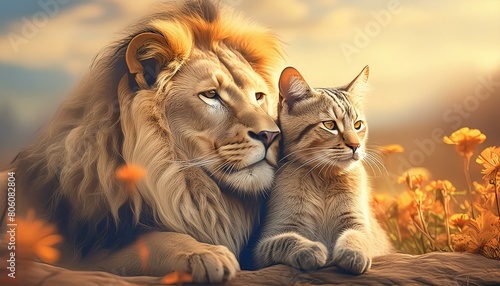 Detaillierte bild eine Freundschaft zwischen Löwe und Katze. photo