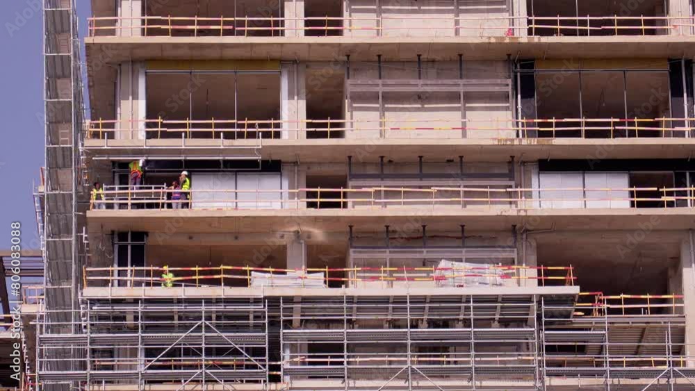 Workers sheathing walls of building facade cladding, walls in house under construction Construction concept of engineer and architect working on construction site with drawing Workers sheathing walls of building facade cladding, walls in house under construction Construction concept of engineer and architect working on construction site with drawing