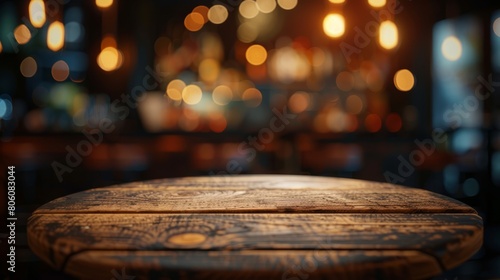 Close Up of Empty Circular Wooden Table in a Bar  Blurred Background with Bokeh Lights for Food and Drink Mockups  Generative AI hyper realistic 