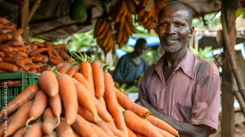 Healthy Living: The farmer showcasing the nutritious benefits of carrots and sweet potatoes, with information about their vitamins, minerals, and health properties displayed nearby. Generative AI photo
