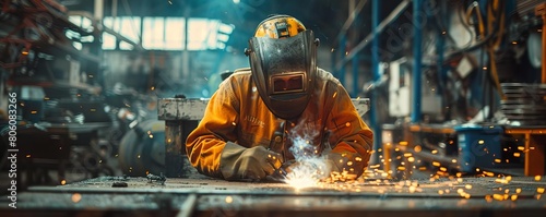 Professional image of a welder wearing a safety mask and gloves, diligently welding metal, set against the backdrop of a busy workshop photo