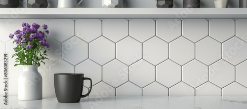 white and grey kitchen with hexagonal tiles, a black mug on a shelf, a purple flower in a vase, pots, objects arranged in parallel rows, a close up shot, a white background