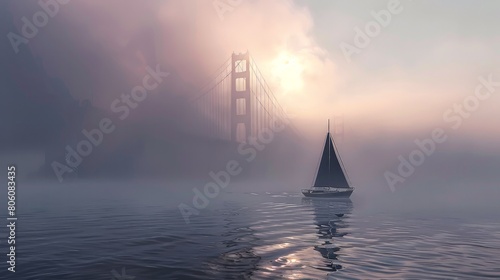 Lonely Boat in Foggy Waters: Include a lone boat or sailboat navigating the foggy waters near the Golden Gate Bridge. Generative AI photo