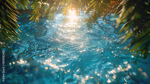  close-up of a palm tree in the water with the sun shining, featuring cinematic underwater elements and volumetric light