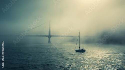 Lonely Boat in Foggy Waters: Include a lone boat or sailboat navigating the foggy waters near the Golden Gate Bridge. Generative AI photo