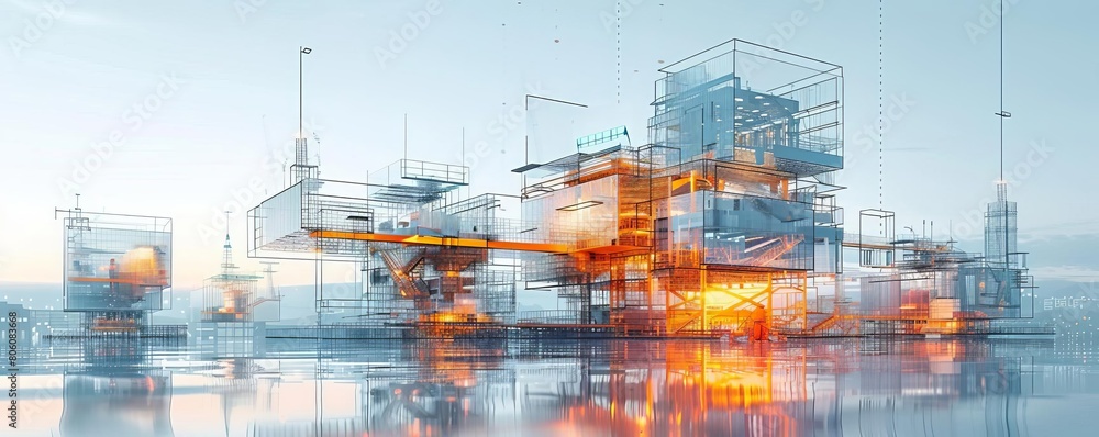 Stock illustration portraying advanced building construction and engineering concepts, with double exposure graphics that fuse site photographs with technical drawings