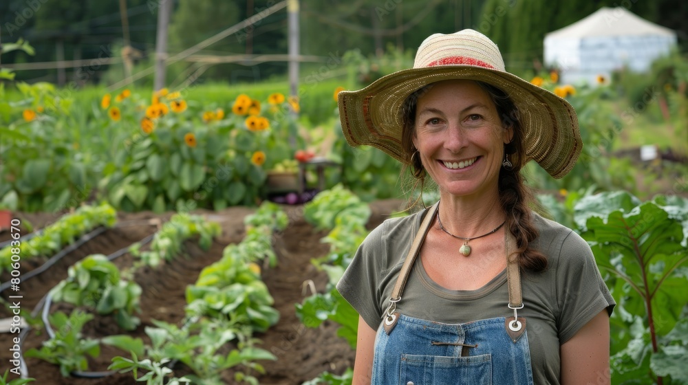 Organic Farming: The farmer in her organic garden, with signs of healthy soil and natural growth, emphasizing sustainable farming practices and the quality of homegrown vegetables. Generative AI