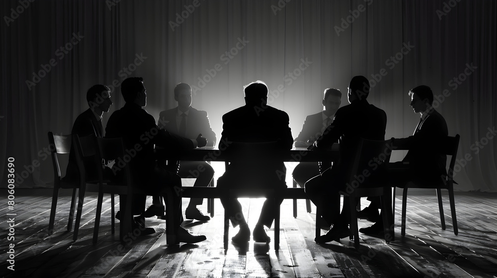 Silhouettes of business people sitting in conference room. Mixed media