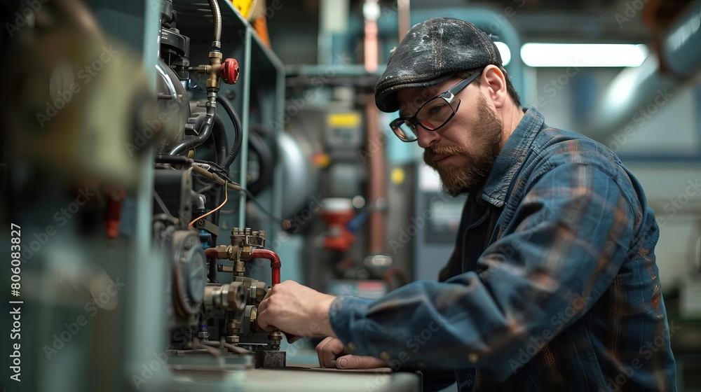 Stock photo capturing a repairman in action, diagnosing problems in a large electric furnace, surrounded by industrial tools and equipment in a utility room Stock photo capturing a repairman in action, diagnosing problems in a large electric furnace, surrounded by industrial tools and equipment in a utility room