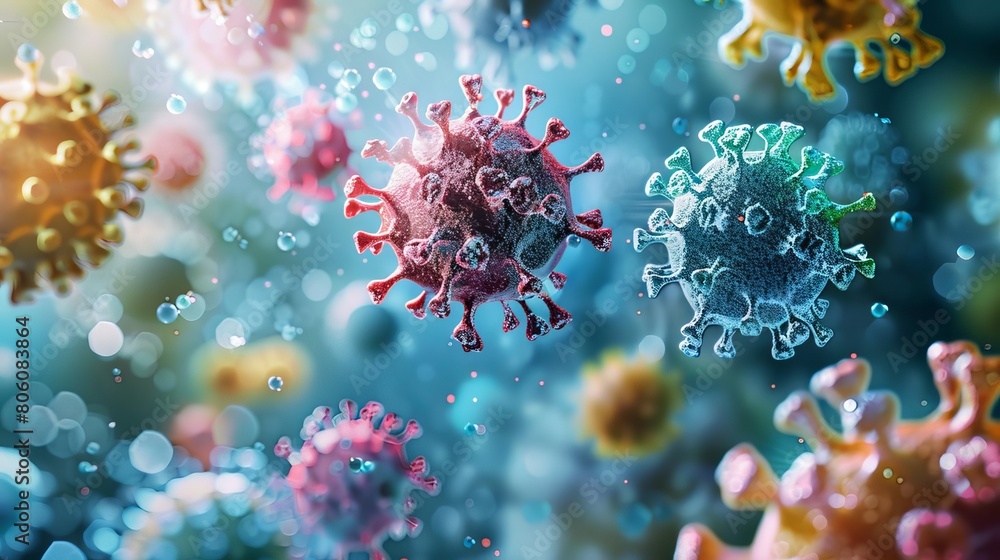 Stock photo capturing an assortment of abstract bacteria and viruses, floating against a muted background, used for discussions on microbiology and health