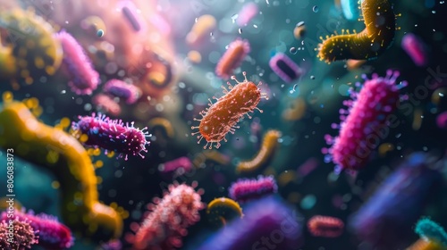Stock photo capturing an assortment of abstract bacteria and viruses, floating against a muted background, used for discussions on microbiology and health photo