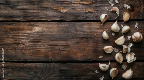 Garlic on wooden table. Rustic tabletop with garlic. Top view hyper realistic 