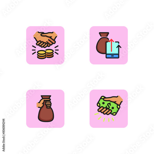 Finance line icon set. Financial deal, giving dollar banknote, electronic money, sack with coins. Money concept. Can be used for topics like economy, budget, savings. Vector illustration for web apps