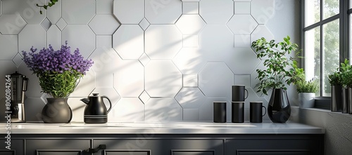 white and grey hexagon tiles with black grout in a kitchen, with a white wall, dark gray cabinets, black mugs on the countertop, purple flowers, a coffee pot, a cutlery set, wall decor photo