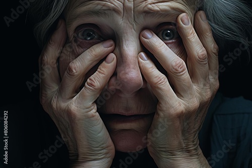 A woman with her hands on her face, looking sad
