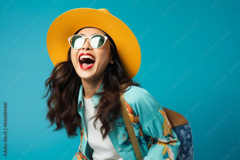 A woman wearing a yellow hat and sunglasses is smiling and laughing
