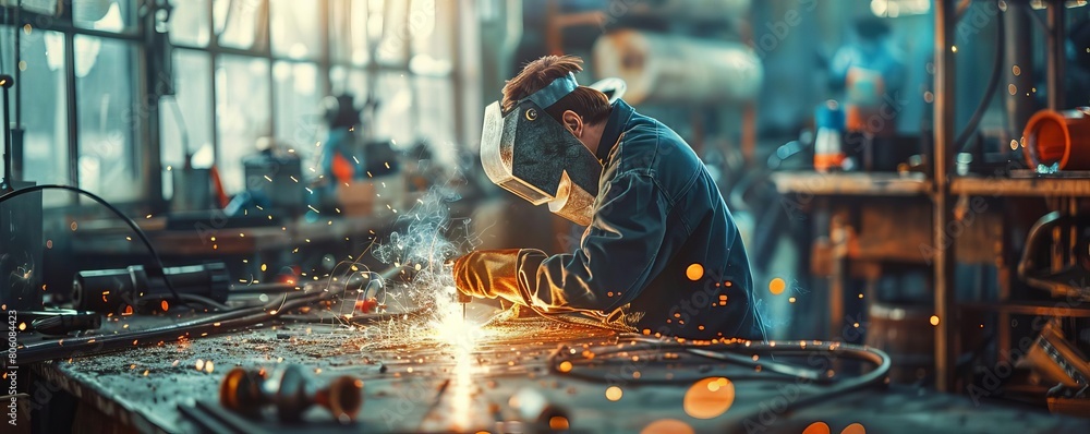 Stock photo of a welder at work in a wellequipped workshop, the welding arc brightly illuminating the metal, emphasizing the harsh conditions and expertise needed Stock photo of a welder at work in a wellequipped workshop, the welding arc brightly illuminating the metal, emphasizing the harsh conditions and expertise needed