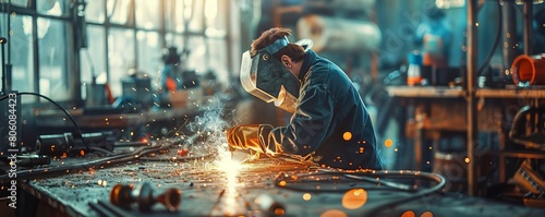 Stock photo of a welder at work in a wellequipped workshop, the welding arc brightly illuminating the metal, emphasizing the harsh conditions and expertise needed photo