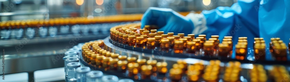 Stock photo of a workers hand in sanitary gloves checking medical vials on a production line, highlighting quality control in a pharmaceutical factory Stock photo of a workers hand in sanitary gloves checking medical vials on a production line, highlighting quality control in a pharmaceutical factory