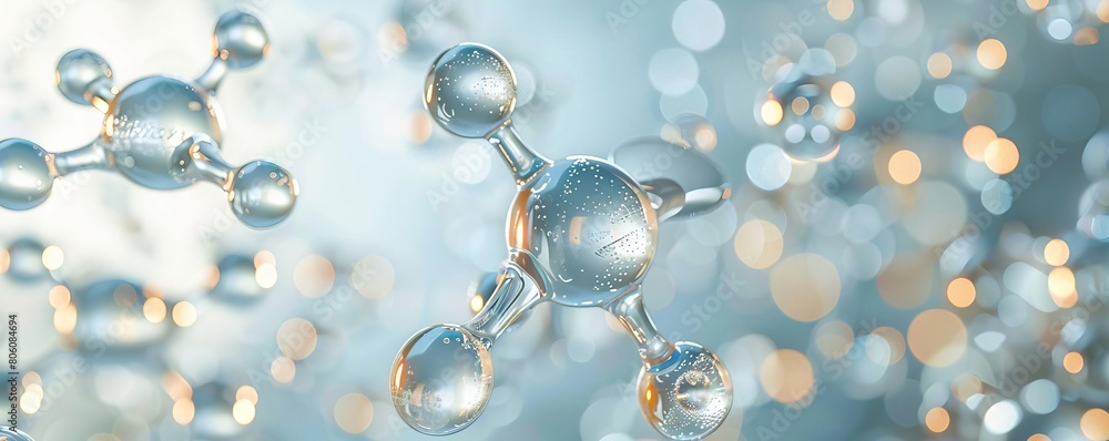 Stock photo of abstract glass molecules floating in a clean, minimalist setting, illustrating concepts of chemistry and molecular science with a modern twist