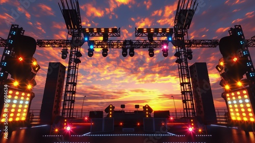 An elaborate stage setup for a summer music festival, featuring LED lights and state-of-the-art sound equipment, with a sunset sky background.