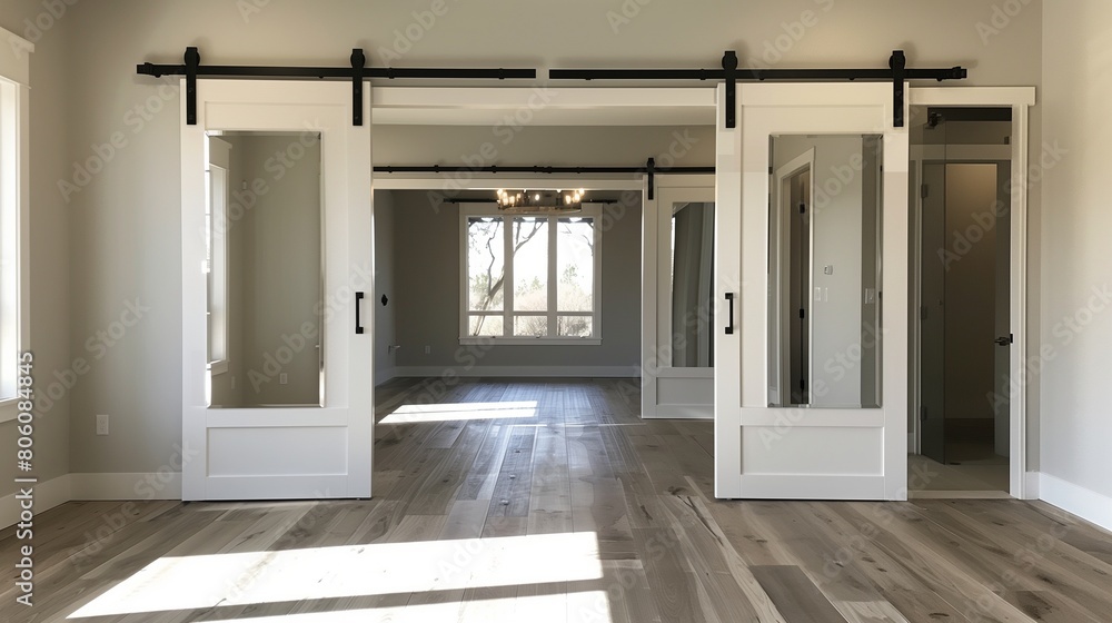 Sliding barn doors with mirrored panels and brushed nickel hardware