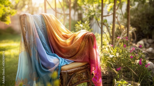 An elegant display of lightweight summer scarves that offer UV protection, draped over a chair in a sunny garden setting.