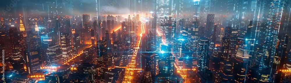 Wideangle view of a modern city illuminated by a complex grid of glowing network lines, conveying a futuristic vision of urban technology integration
